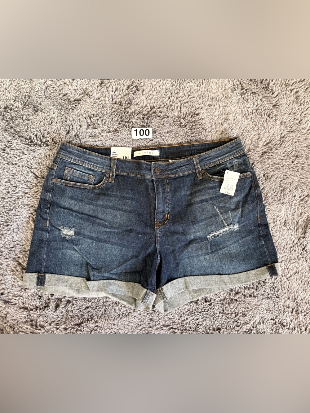 eunina Indigo Washed Distressed Cuffed Denim Shorts